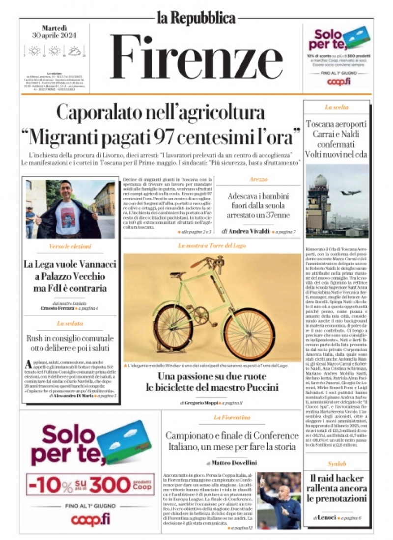 prima pagina - La Repubblica (Firenze) del 30/04/2024
