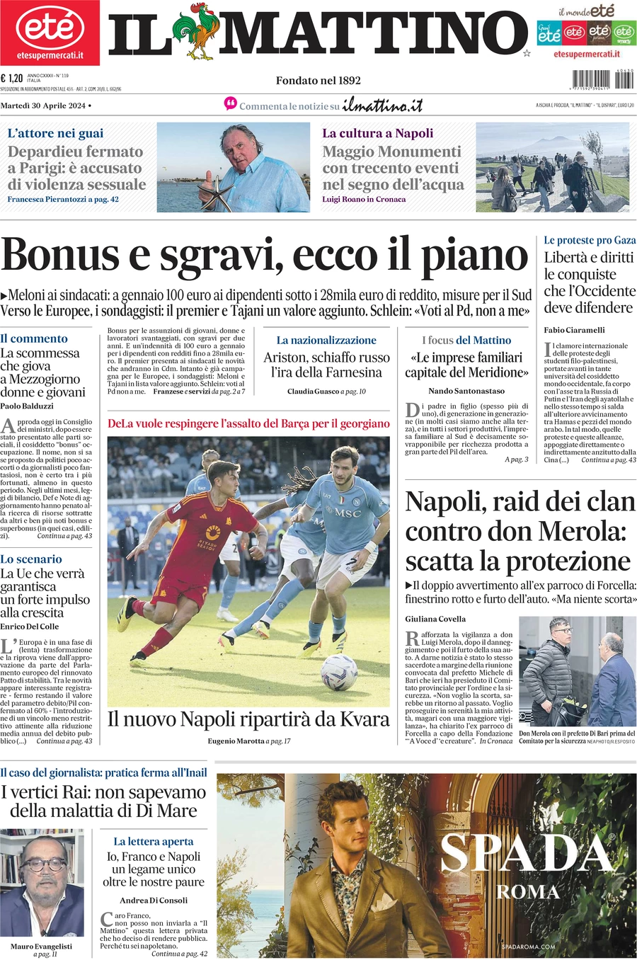 anteprima della prima pagina di il-mattino del 30/04/2024