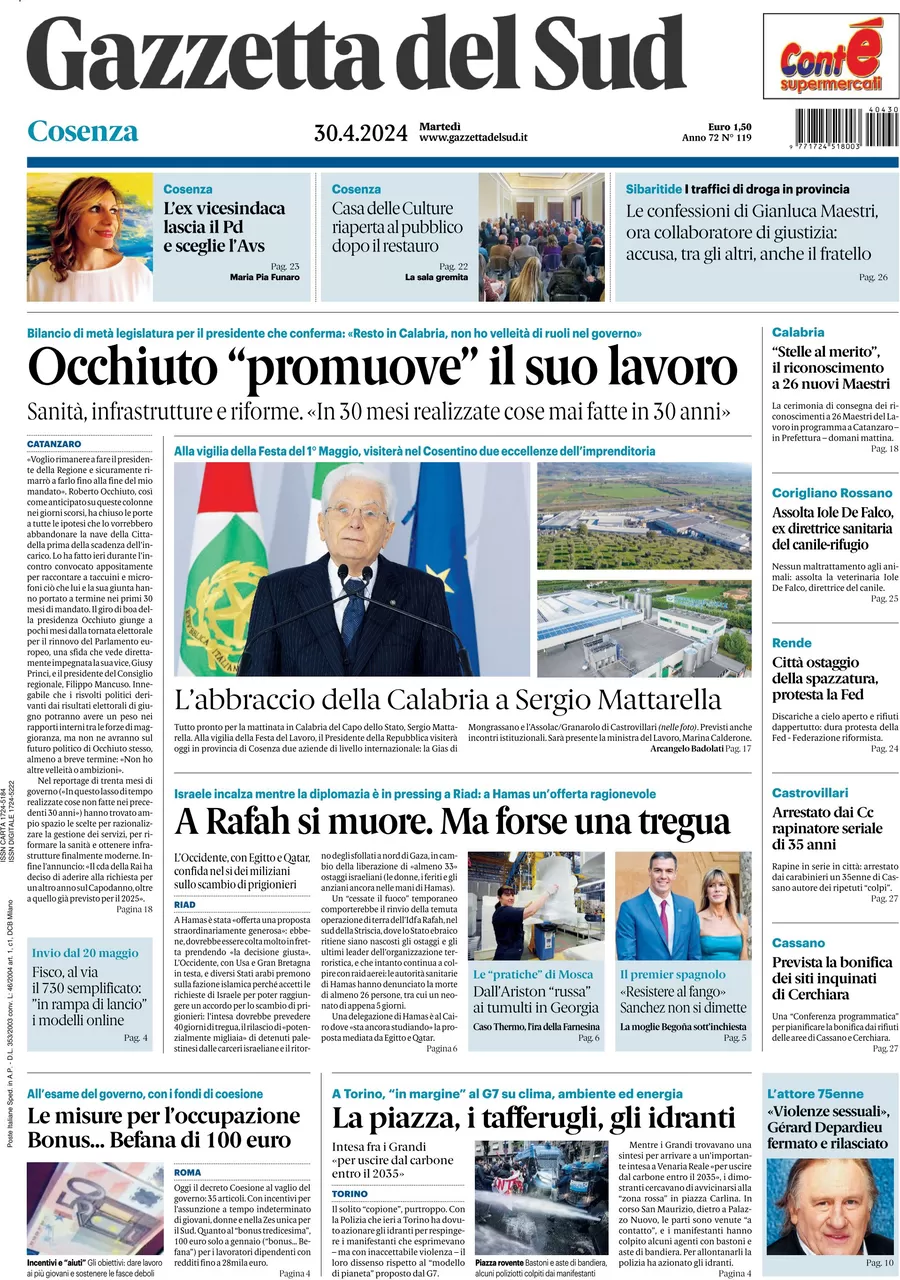 prima pagina - Gazzetta del Sud (Cosenza) del 30/04/2024