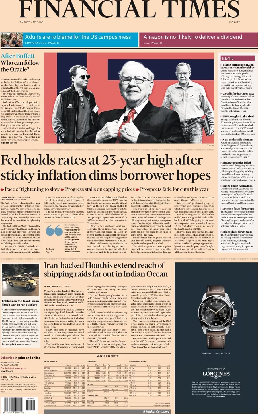 prima pagina - Financial Times del 01/05/2024