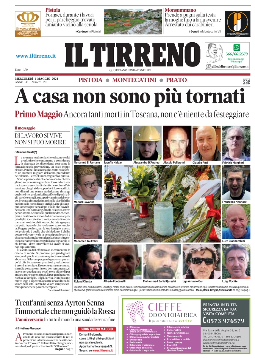 prima pagina - Il Tirreno (Pistoia, Montecatini, Prato) del 01/05/2024