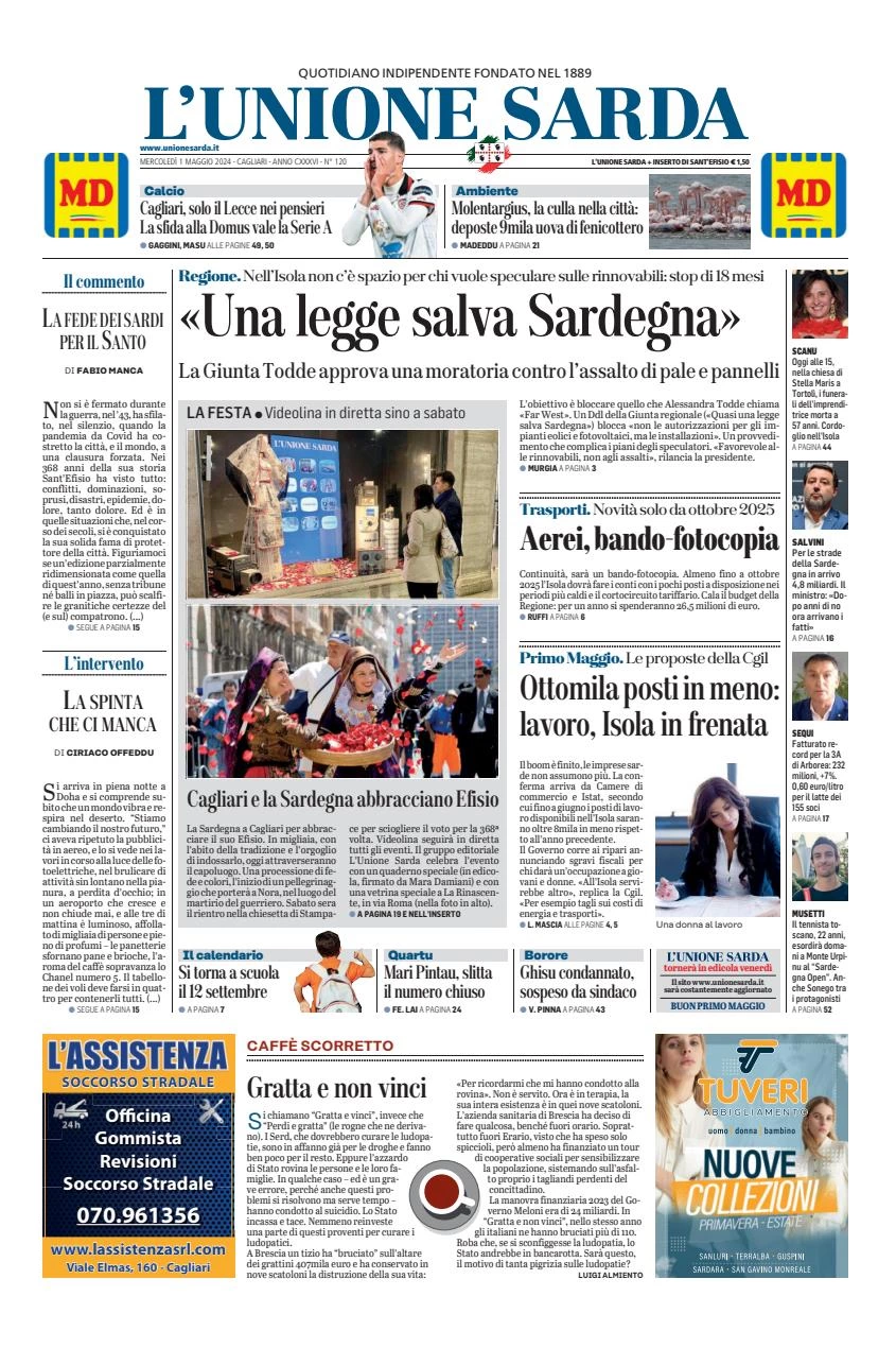 prima pagina - L'Unione Sarda del 01/05/2024