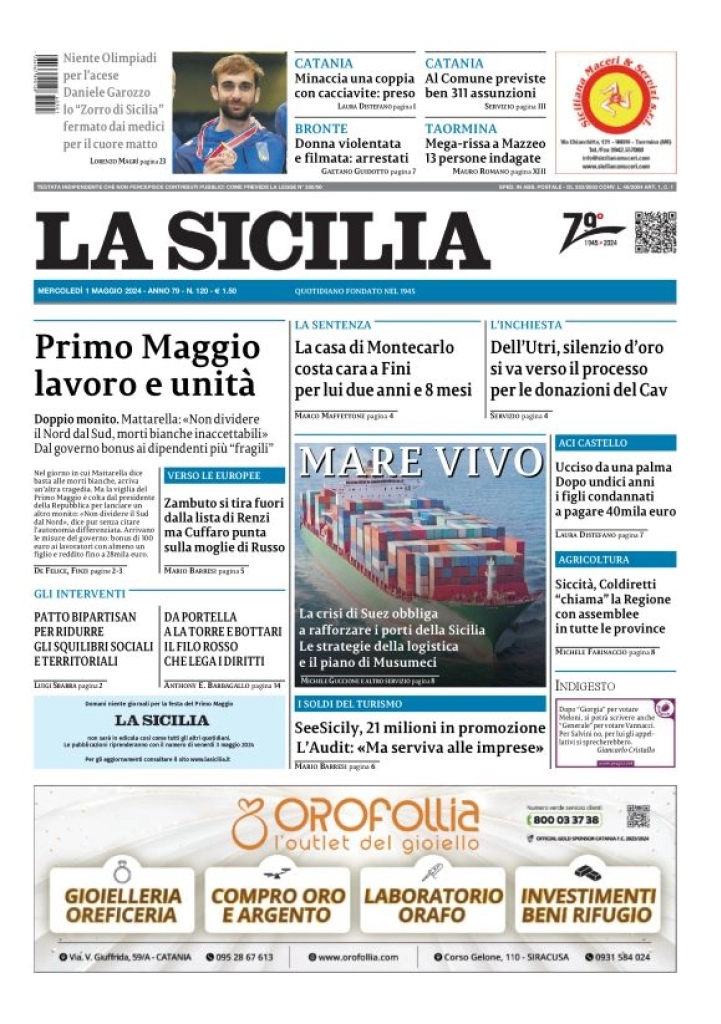 prima pagina - La Sicilia del 01/05/2024