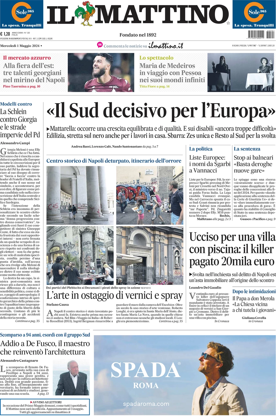 anteprima della prima pagina di il-mattino del 01/05/2024