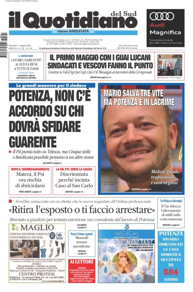 prima pagina - Il Quotidiano del Sud (Basilicata) del 01/05/2024