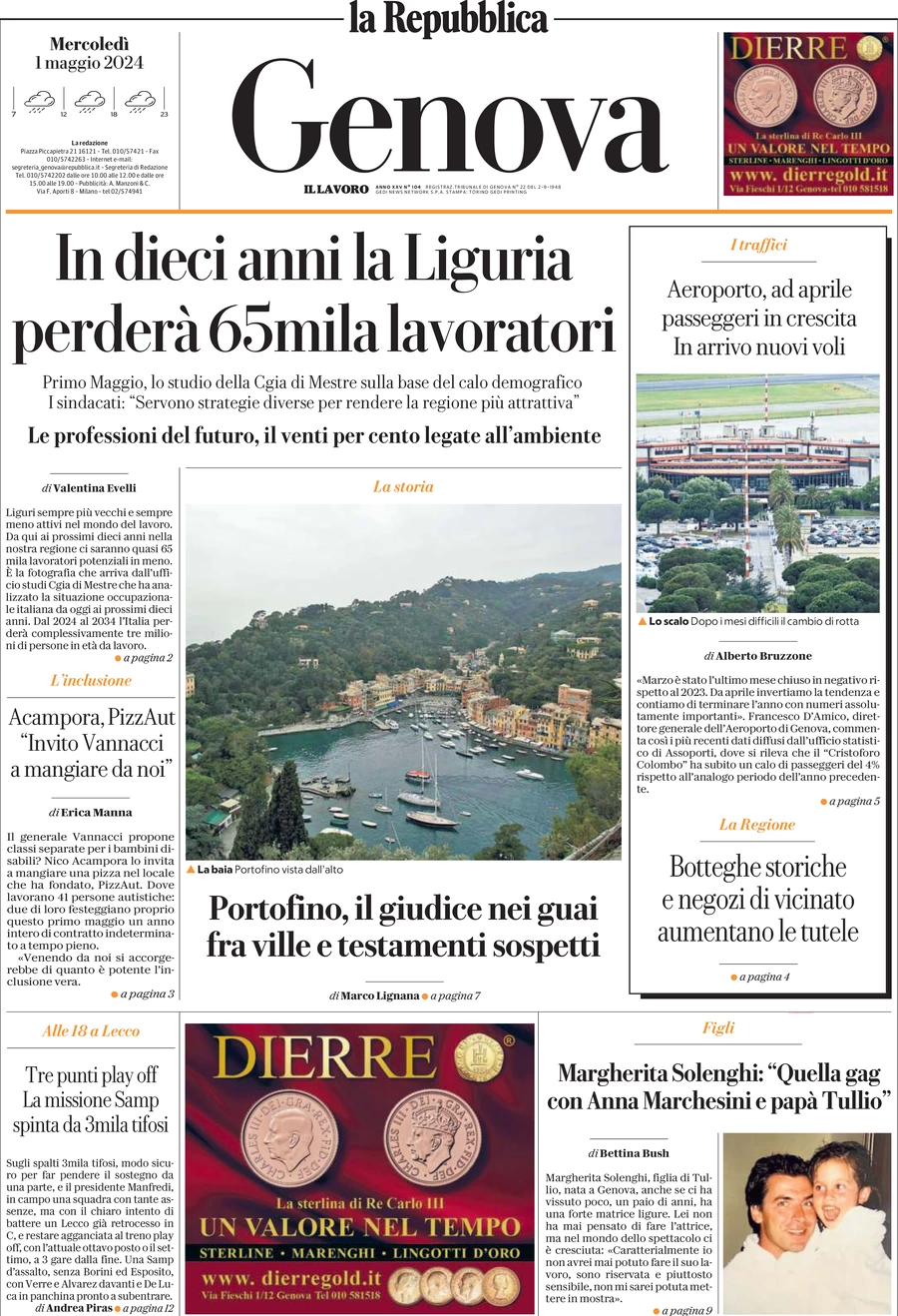 prima pagina - La Repubblica (Genova) del 01/05/2024