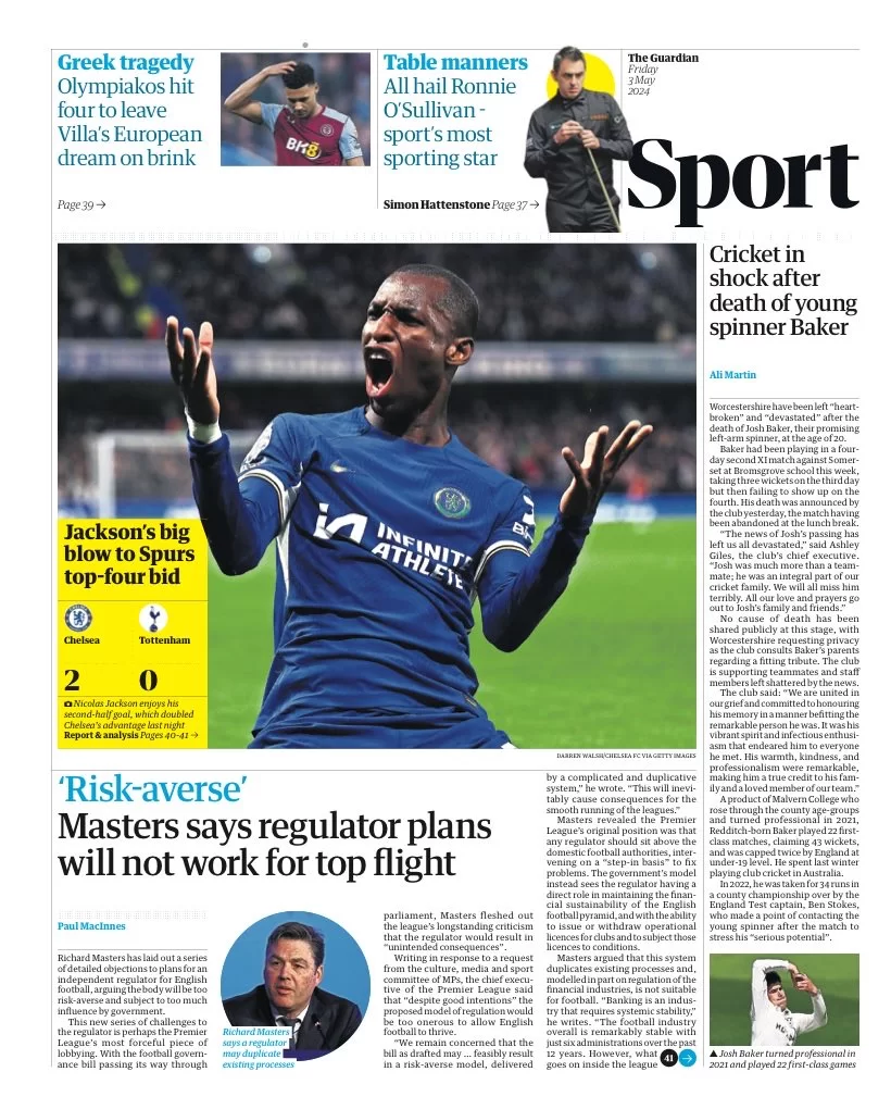 prima pagina - The Guardian SPORT del 02/05/2024