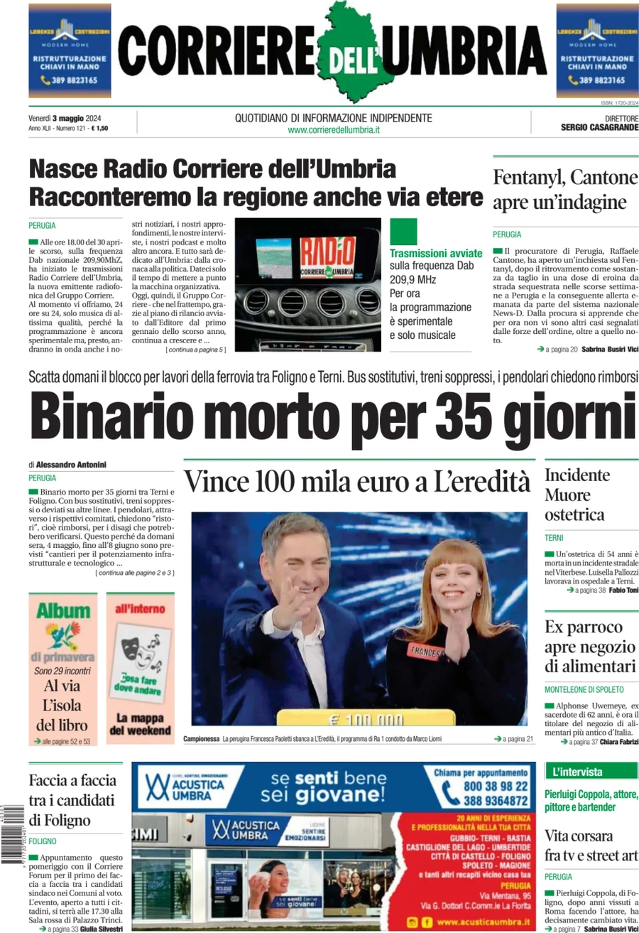 prima pagina - Corriere dell'Umbria del 03/05/2024