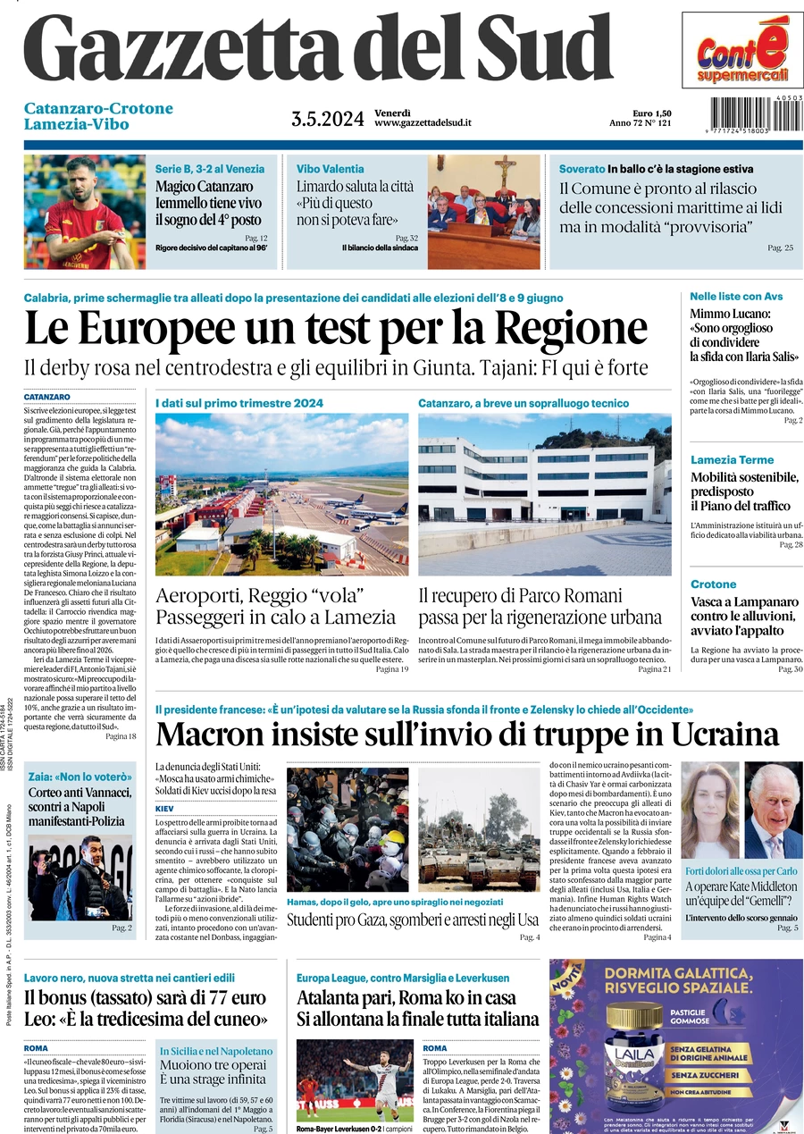 prima pagina - Gazzetta del Sud (Catanzaro) del 03/05/2024