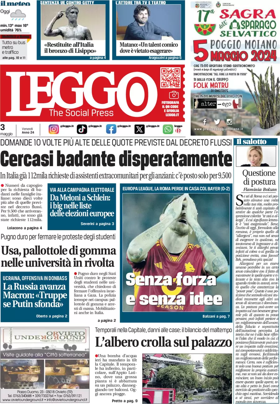 anteprima della prima pagina di leggo-roma del 03/05/2024