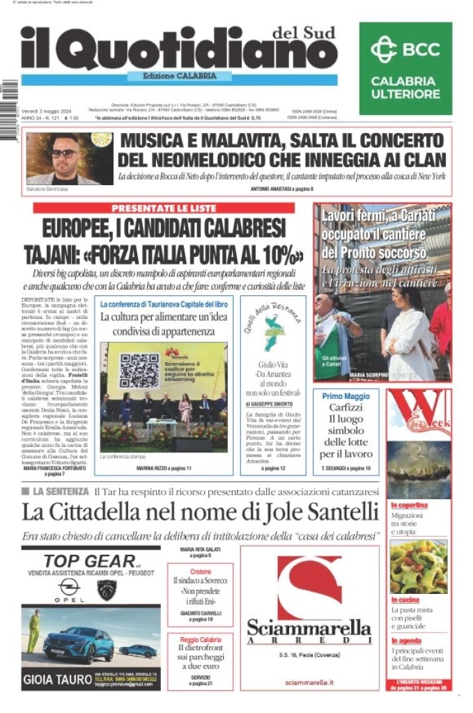 prima pagina - Il Quotidiano del Sud (Catanzaro) del 03/05/2024
