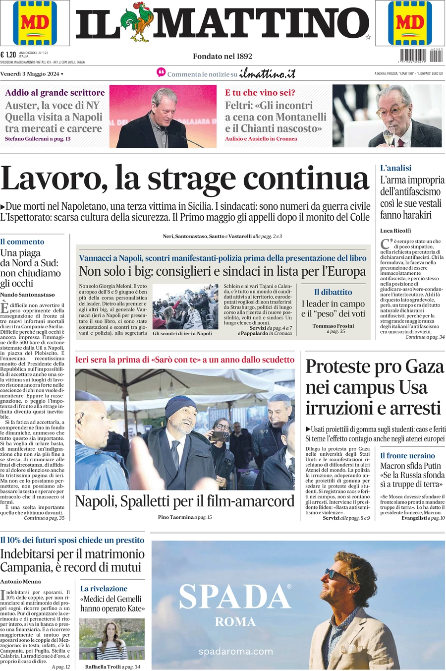 anteprima della prima pagina di il-mattino del 03/05/2024