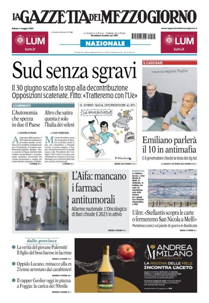 prima pagina - La Gazzetta del Mezzogiorno (Bari) del 04/05/2024