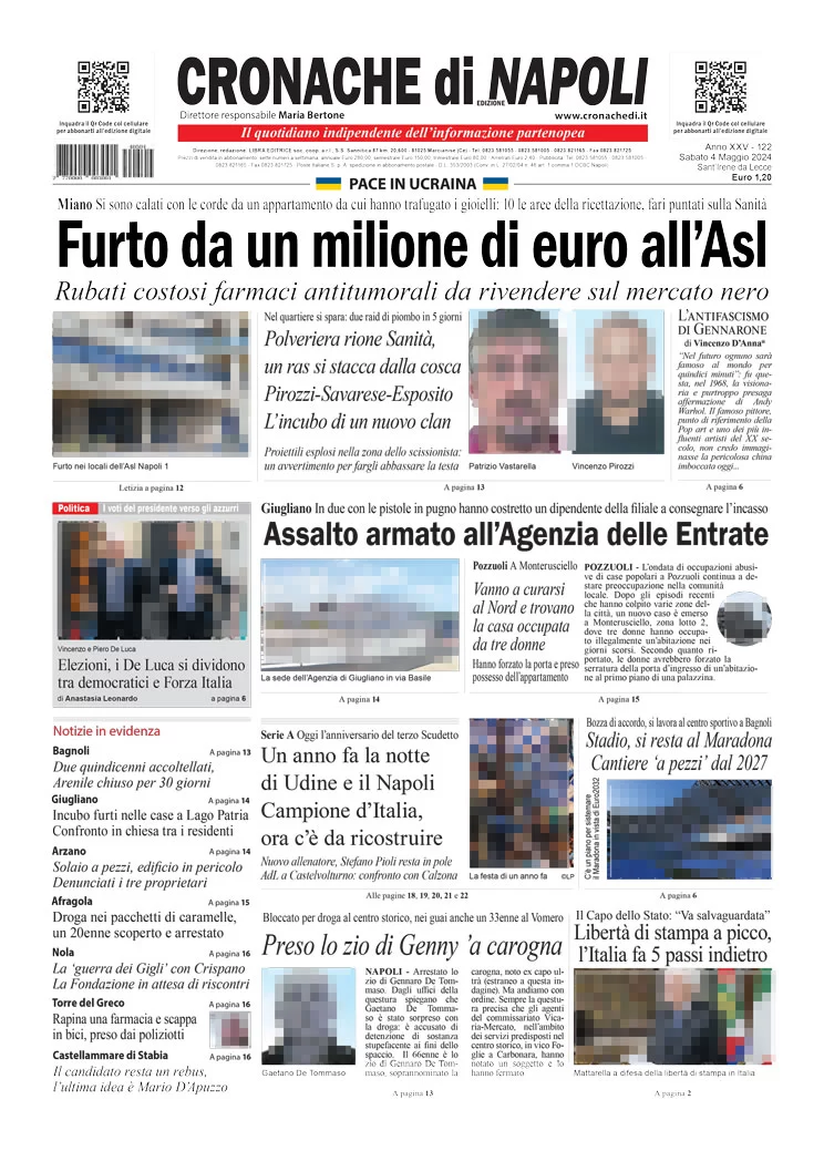 anteprima della prima pagina di cronache-di-napoli del 04/05/2024