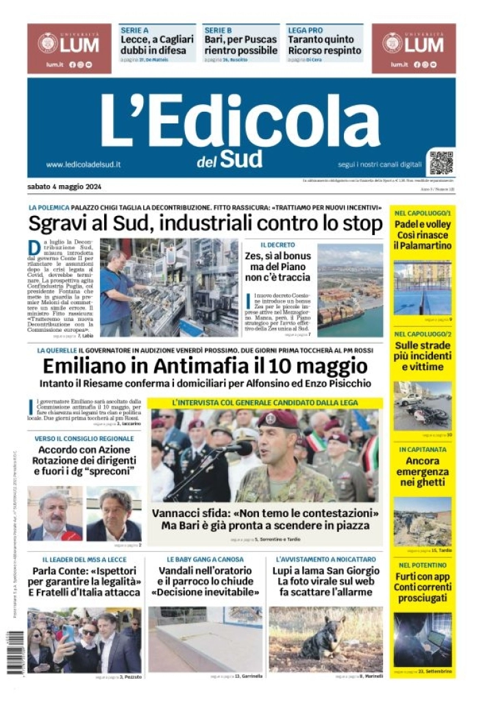 prima pagina - L'Edicola del Sud (Bari, Foggia, Basilicata) del 04/05/2024