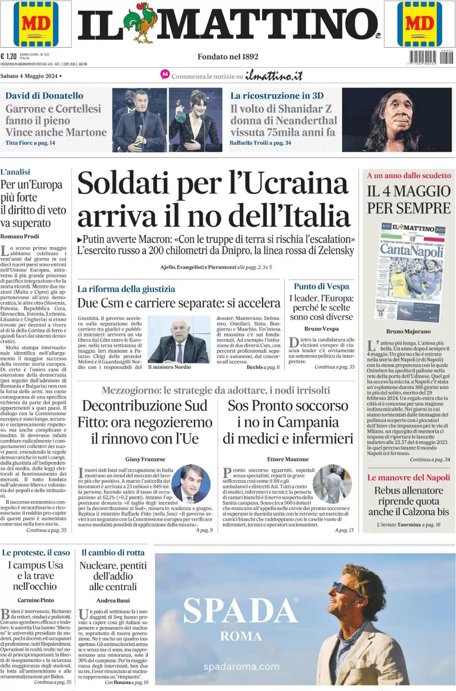 anteprima della prima pagina di il-mattino del 04/05/2024