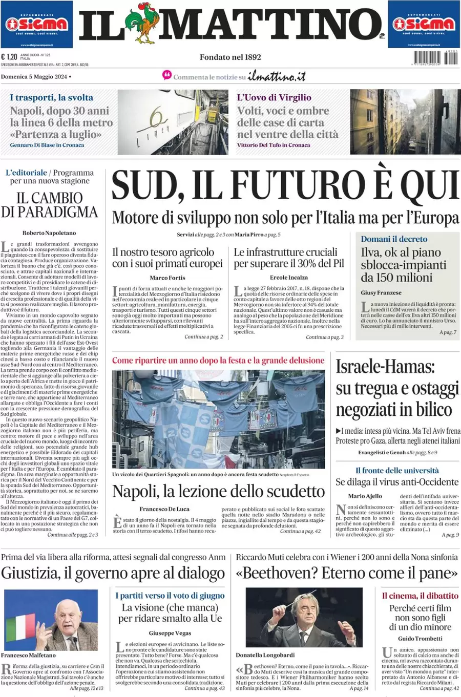 anteprima della prima pagina di il-mattino del 05/05/2024