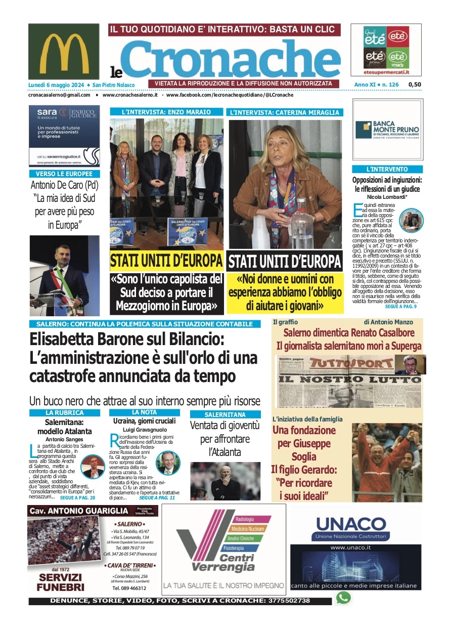 prima pagina - Le Cronache (Salerno) del 06/05/2024