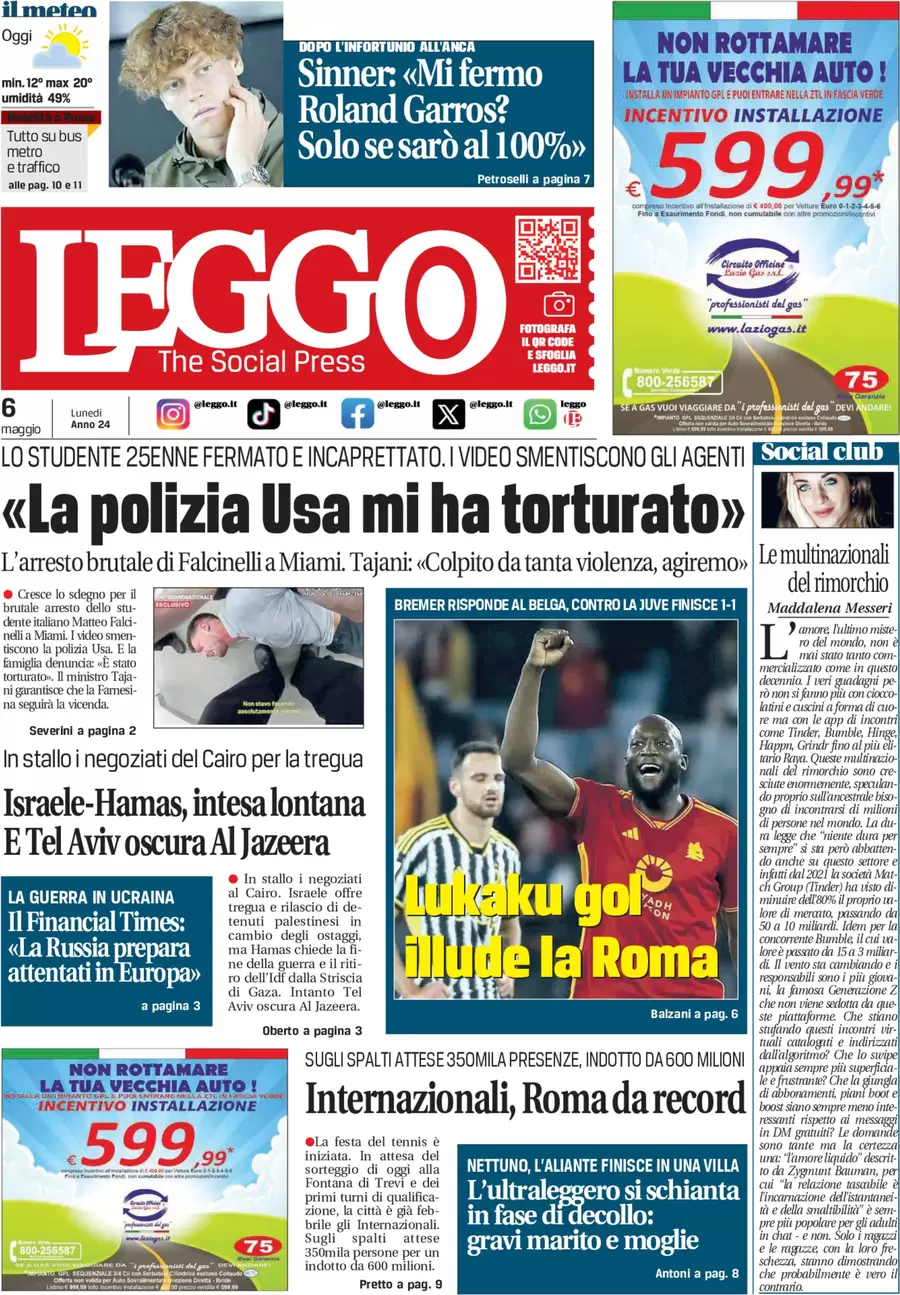 anteprima della prima pagina di leggo-roma del 06/05/2024