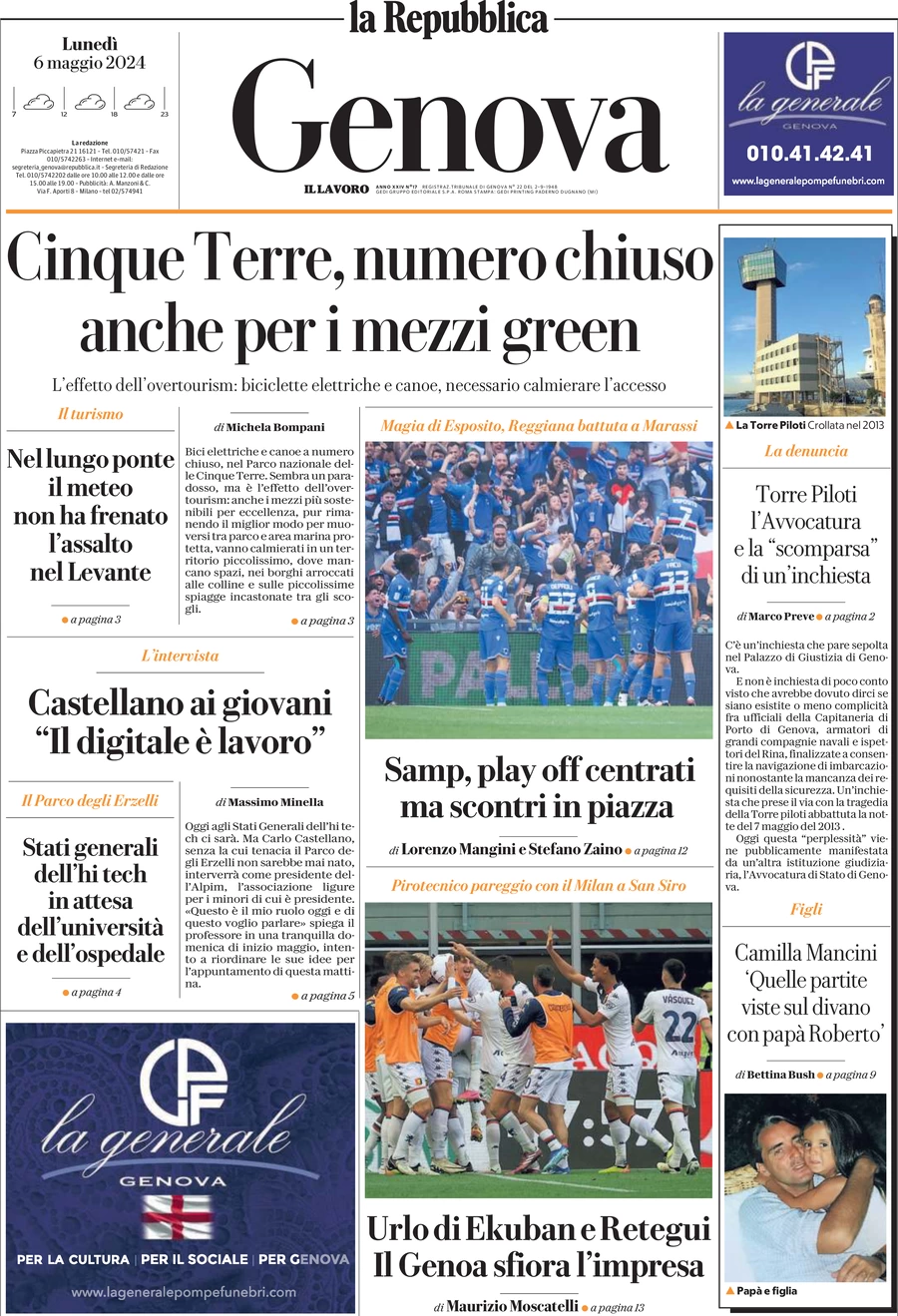 prima pagina - La Repubblica (Genova) del 06/05/2024