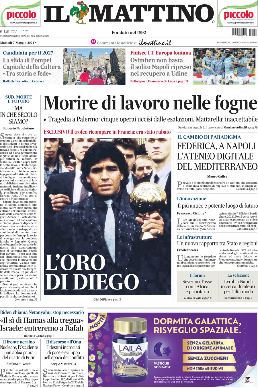 anteprima della prima pagina di il-mattino del 07/05/2024