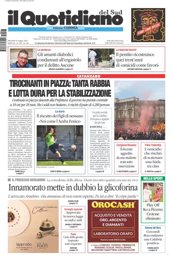 prima pagina - Il Quotidiano del Sud (Cosenza) del 08/05/2024