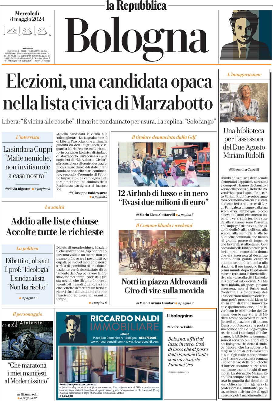 prima pagina - La Repubblica (Bologna) del 08/05/2024