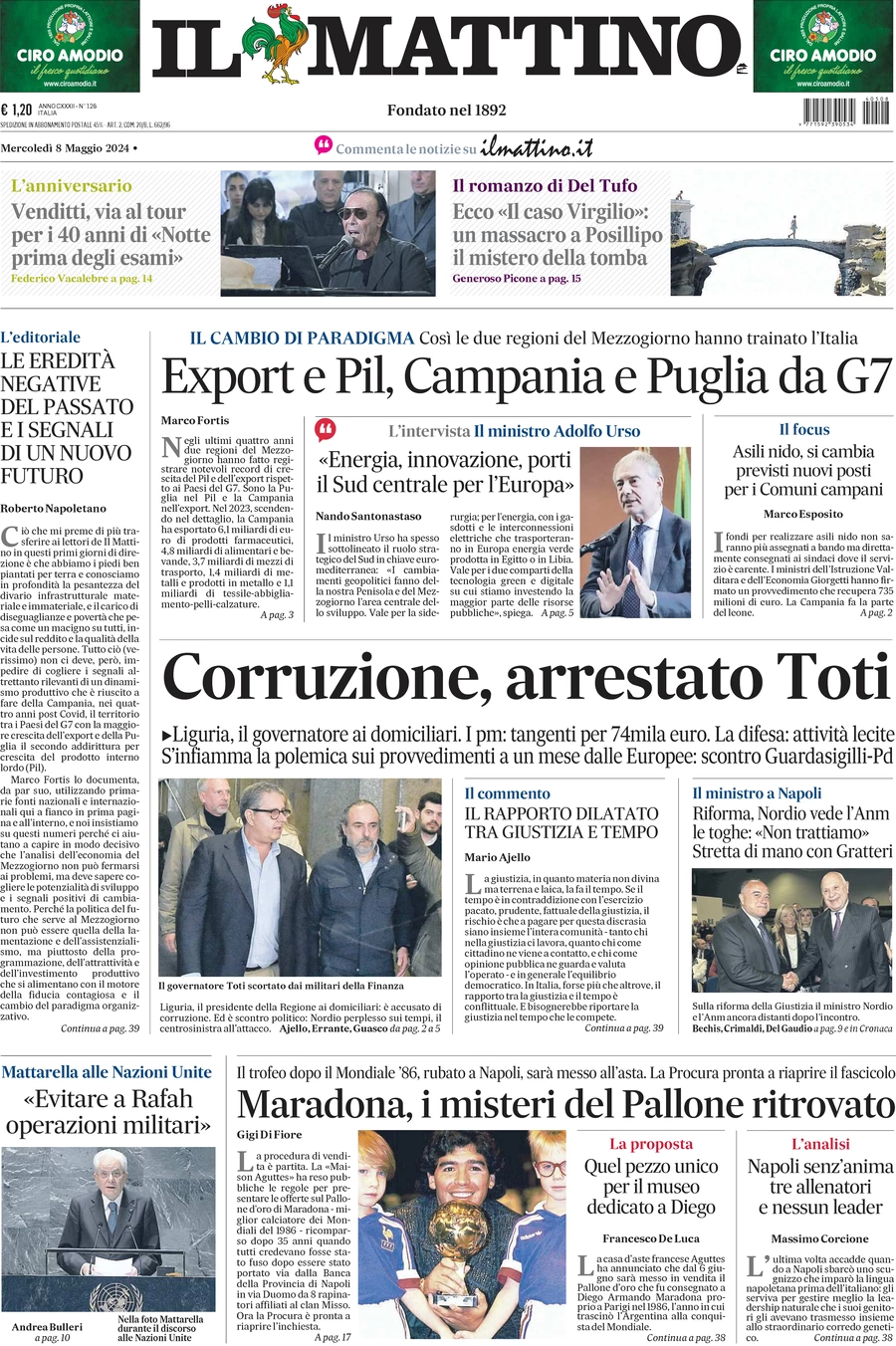 anteprima della prima pagina di il-mattino del 08/05/2024