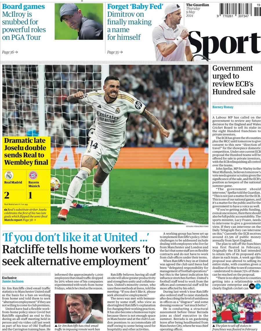 prima pagina - The Guardian SPORT del 08/05/2024