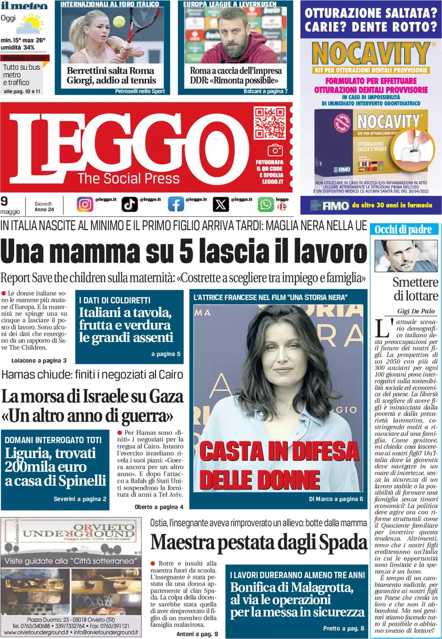 anteprima della prima pagina di leggo-roma del 09/05/2024