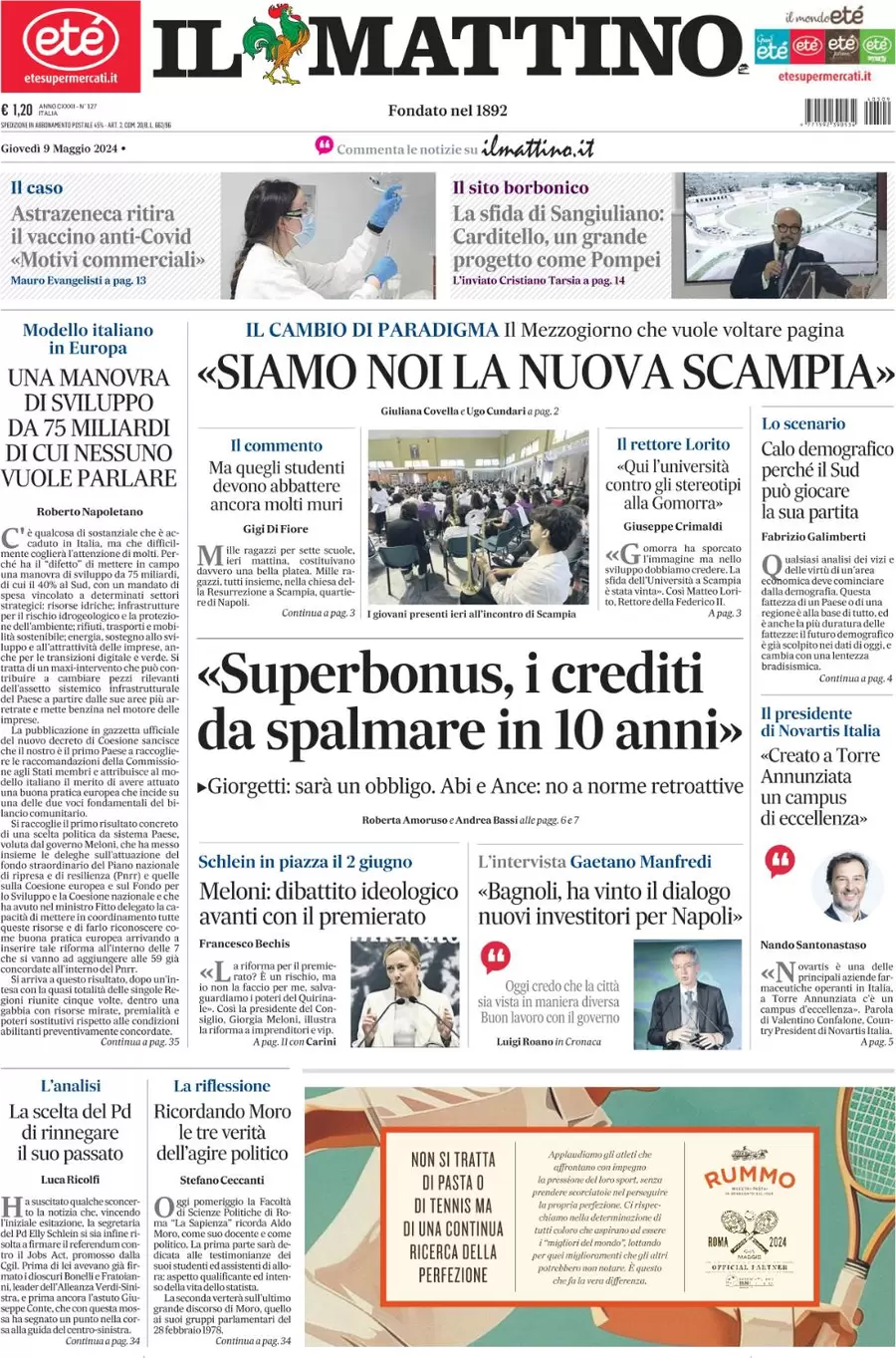 anteprima della prima pagina di il-mattino del 09/05/2024