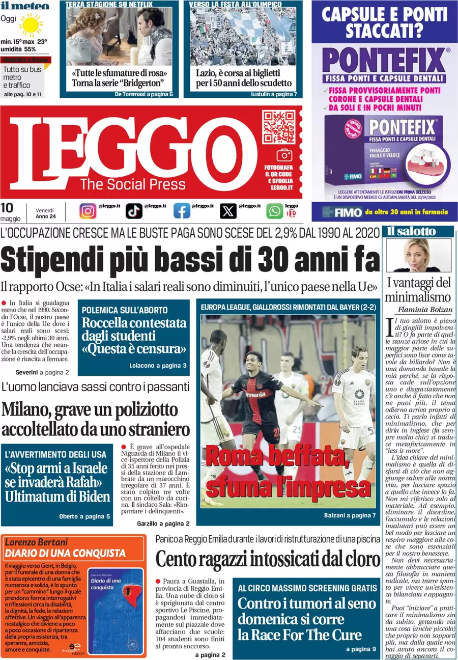 anteprima della prima pagina di leggo-roma del 10/05/2024