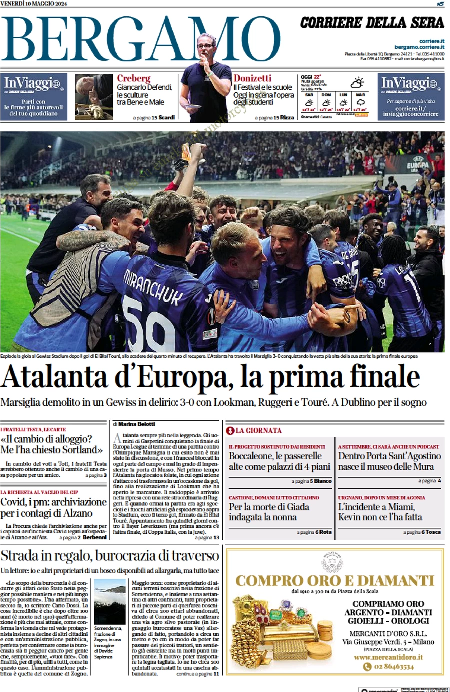 prima pagina - Corriere della Sera (Bergamo) del 10/05/2024