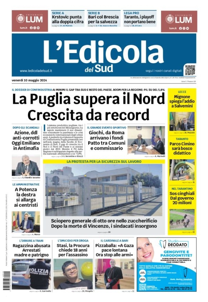 prima pagina - L'Edicola del Sud (Lecce) del 10/05/2024