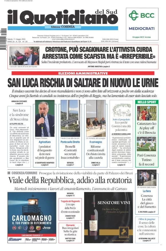 prima pagina - Il Quotidiano del Sud (Cosenza) del 11/05/2024