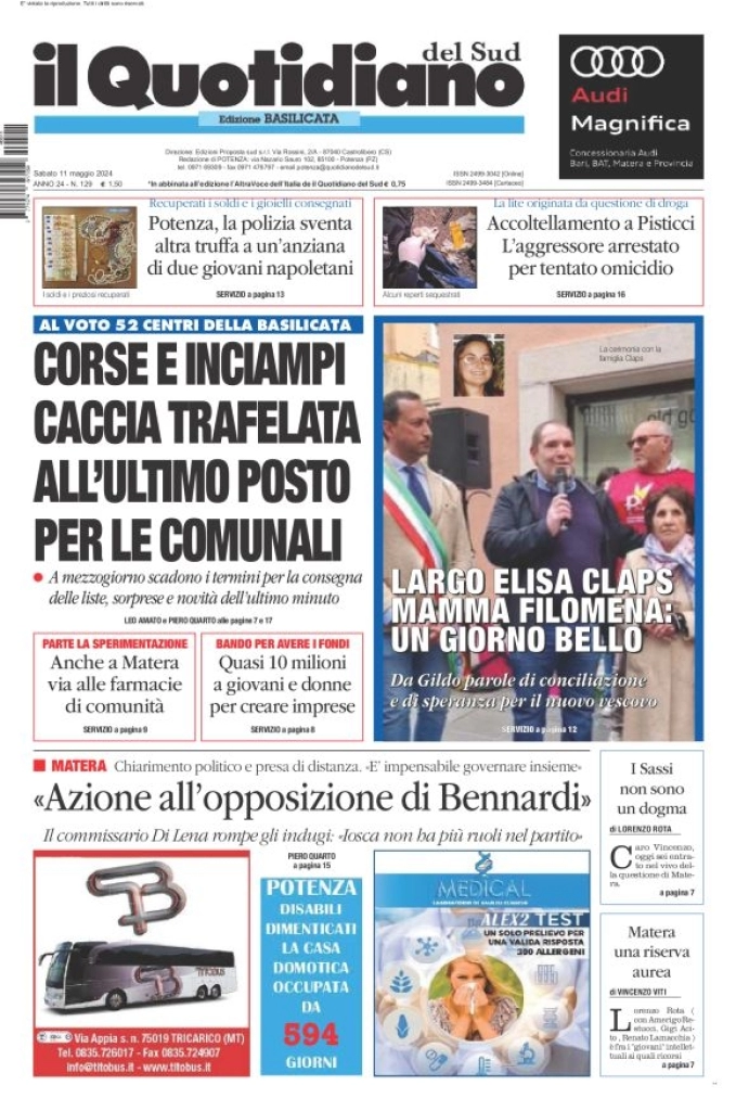 prima pagina - Il Quotidiano del Sud (Basilicata) del 11/05/2024