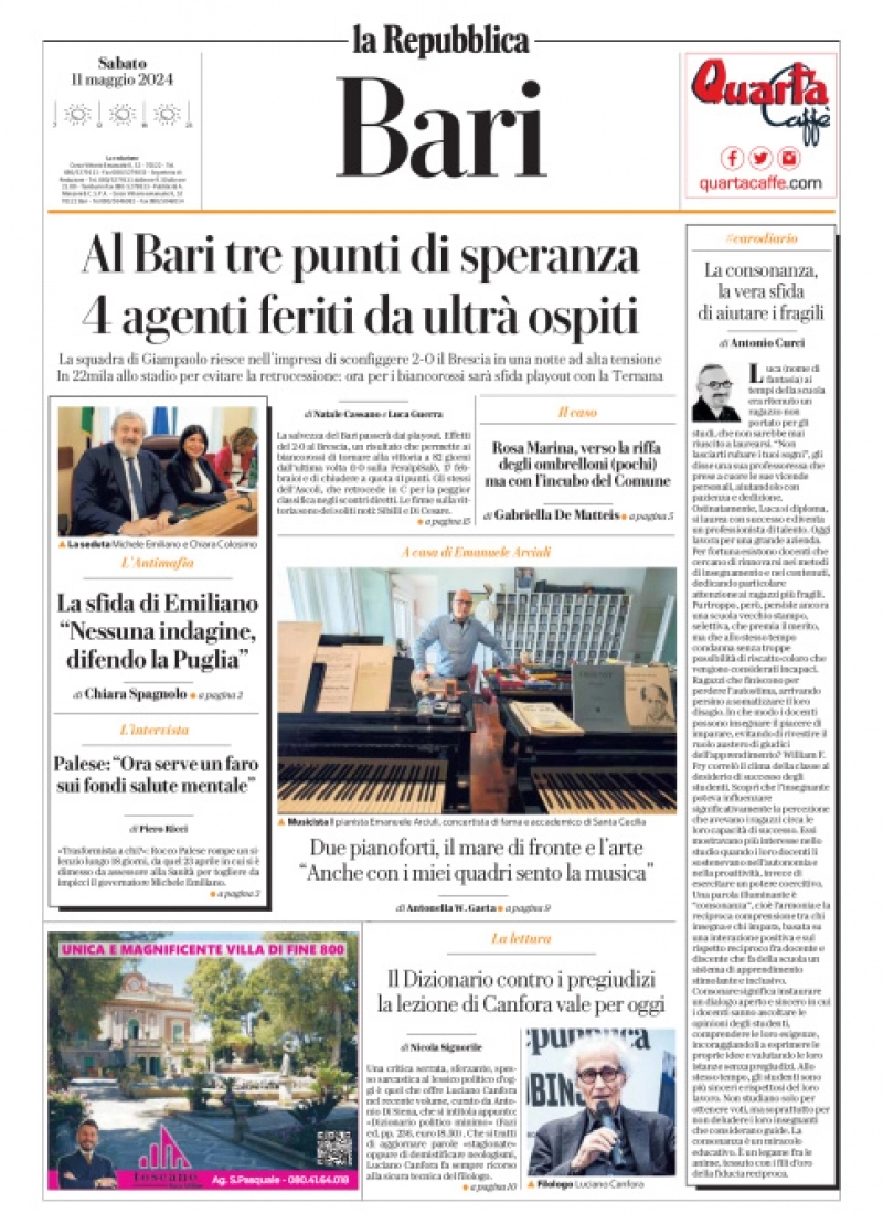 prima pagina - La Repubblica (Bari) del 11/05/2024