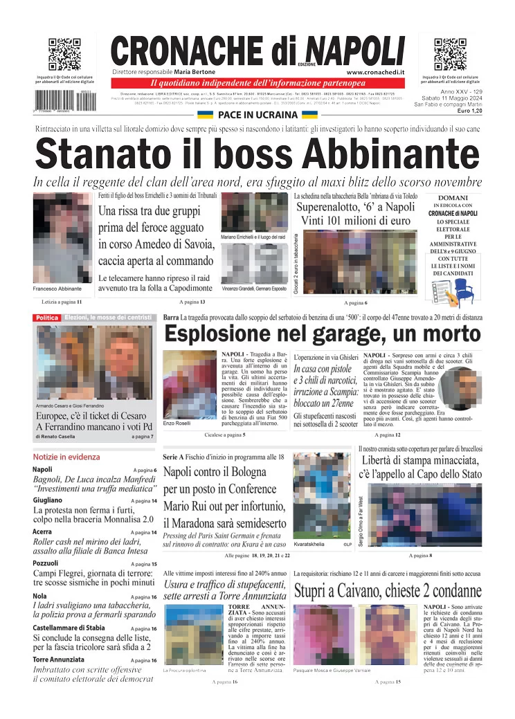 anteprima della prima pagina di cronache-di-napoli del 11/05/2024