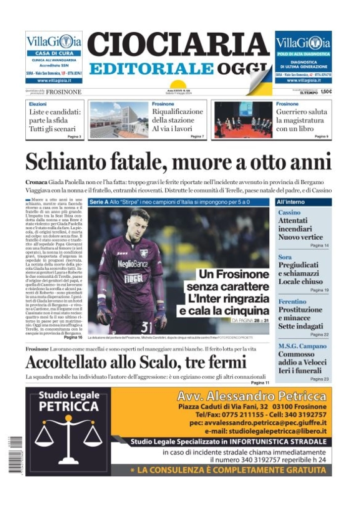 prima pagina - Ciociaria Editoriale Oggi del 11/05/2024