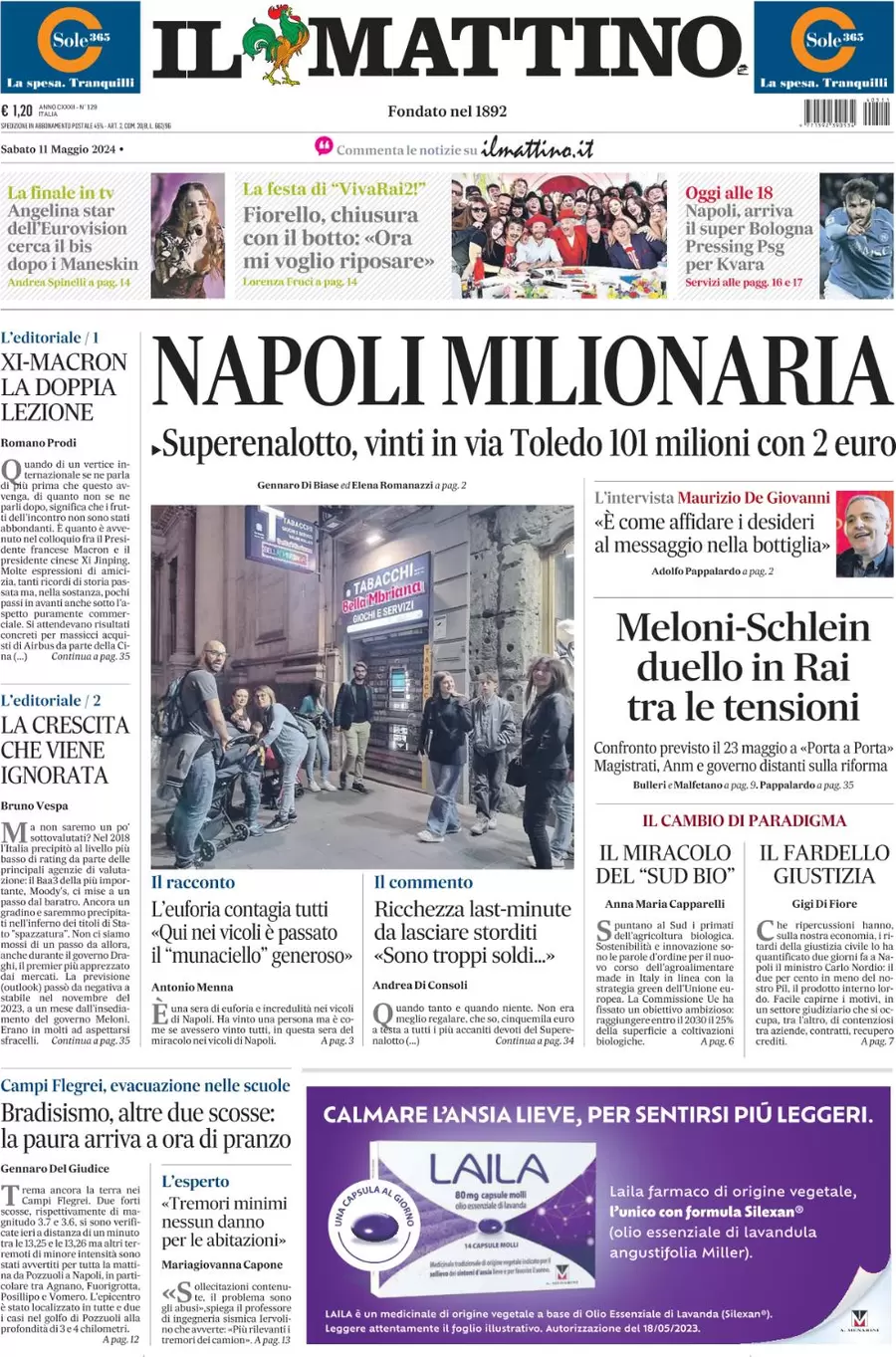 anteprima della prima pagina di il-mattino del 11/05/2024