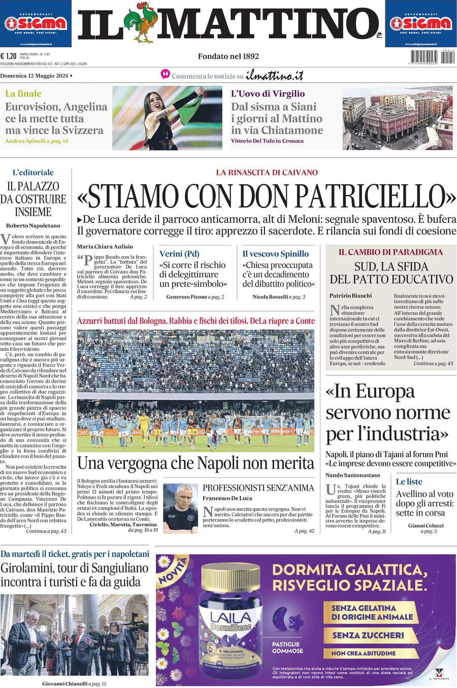 anteprima della prima pagina di il-mattino del 12/05/2024