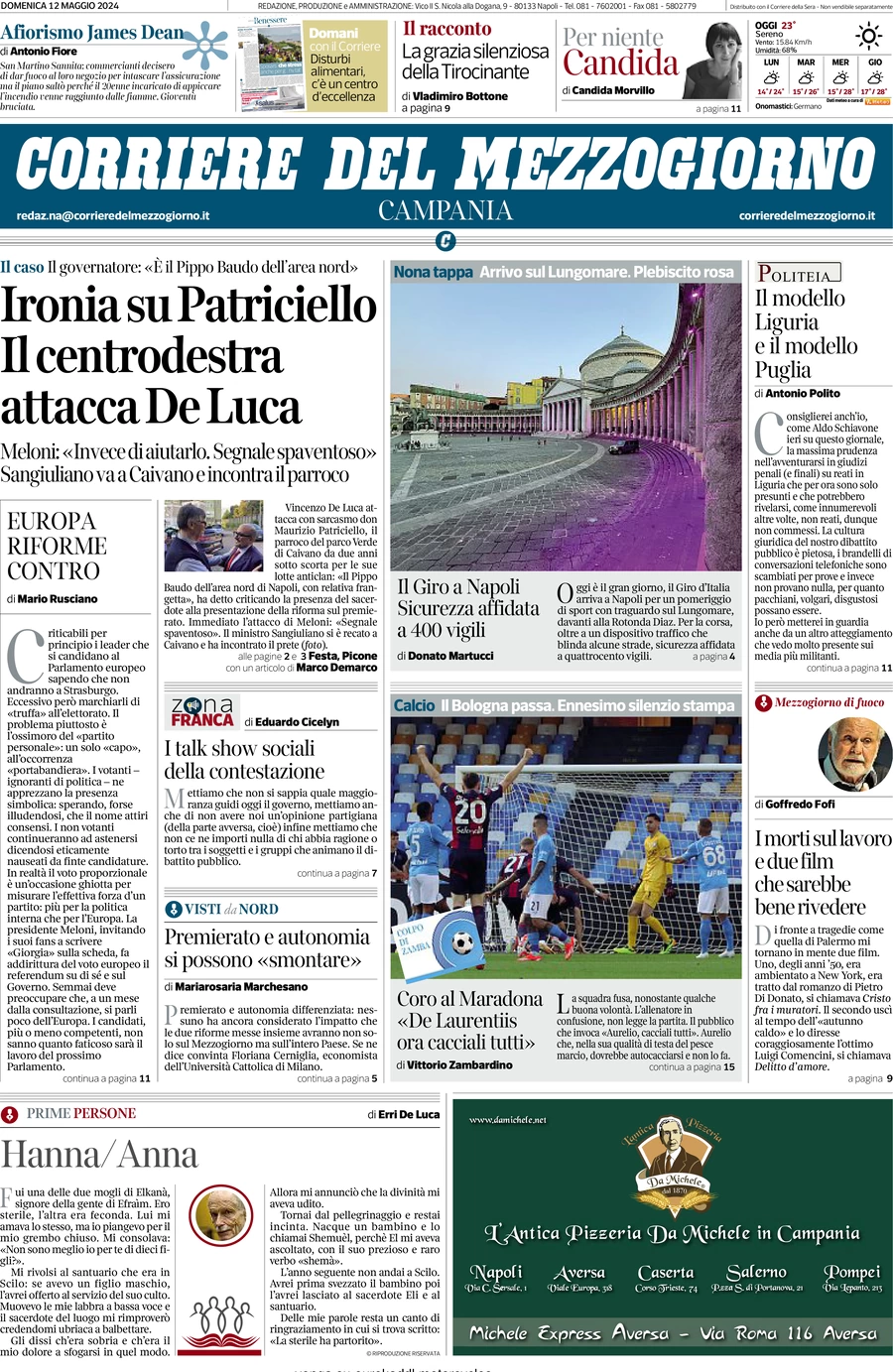 prima pagina - Corriere del Mezzogiorno (Campania) del 12/05/2024