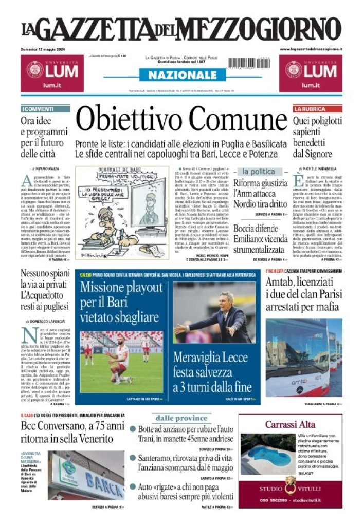 prima pagina - La Gazzetta del Mezzogiorno (Bari) del 12/05/2024