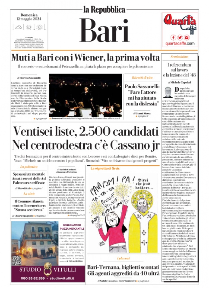 prima pagina - La Repubblica (Bari) del 12/05/2024