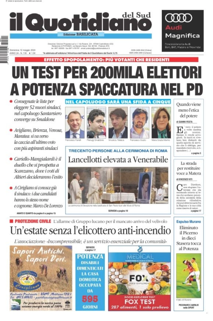 prima pagina - Il Quotidiano del Sud (Basilicata) del 12/05/2024