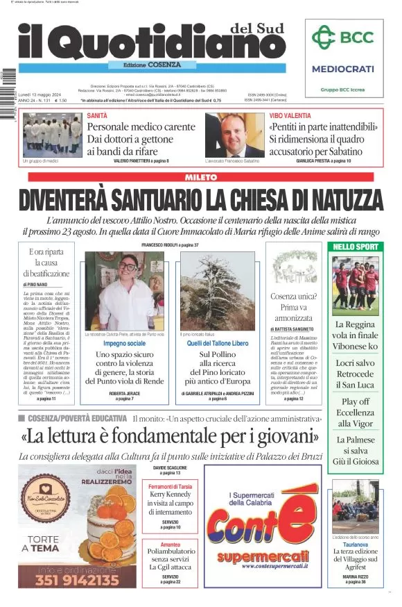 prima pagina - Il Quotidiano del Sud (Cosenza) del 13/05/2024