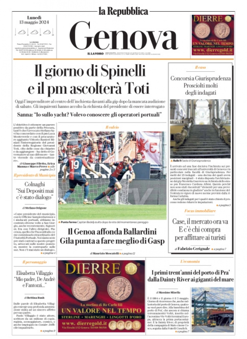 prima pagina - La Repubblica (Genova) del 13/05/2024