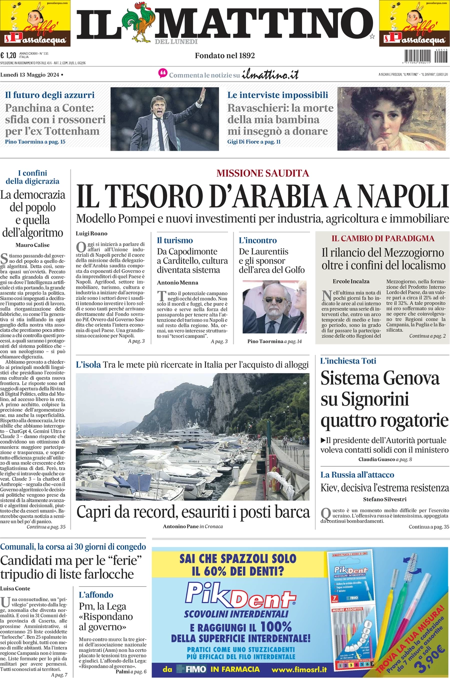 anteprima della prima pagina di il-mattino del 13/05/2024