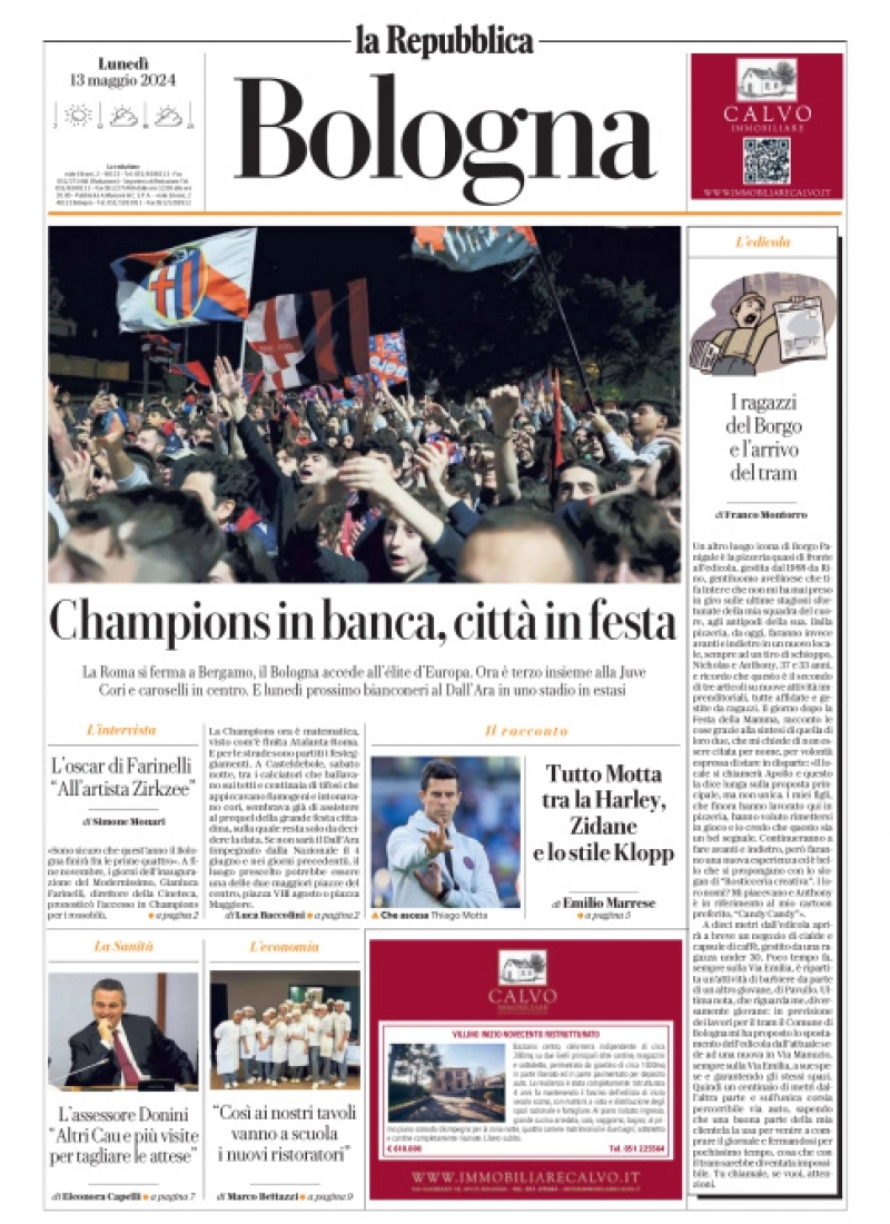 prima pagina - La Repubblica (Bologna) del 13/05/2024