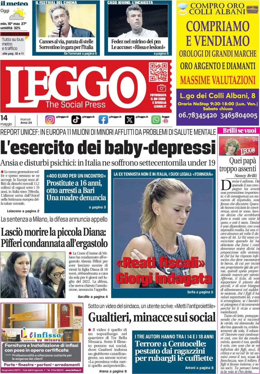 anteprima della prima pagina di leggo-roma del 14/05/2024